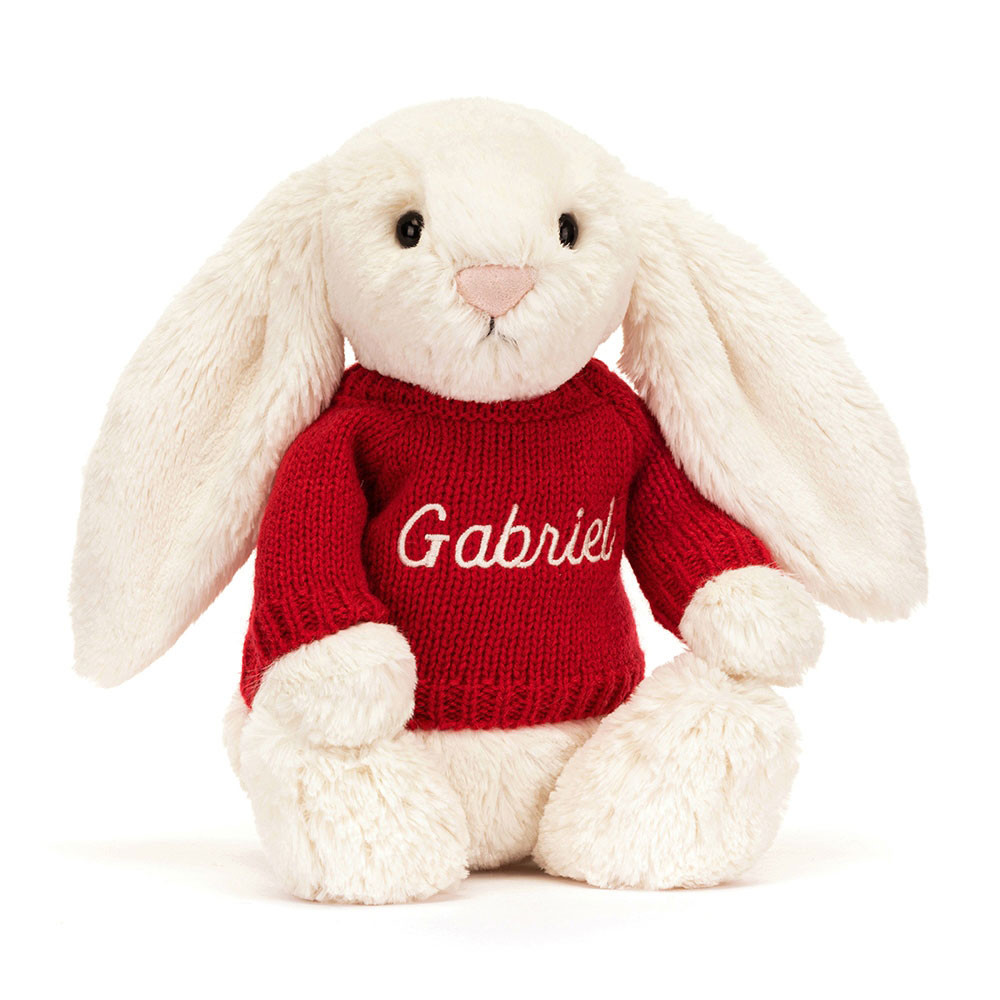 Bashful Cream Bunny with Personalized Red Jumper - Official Jellycat