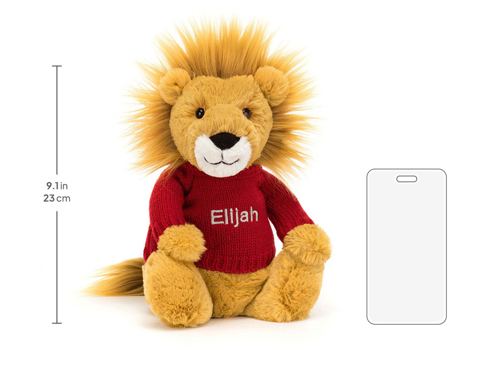 Bashful Lion with Personalized Red Jumper, size chart