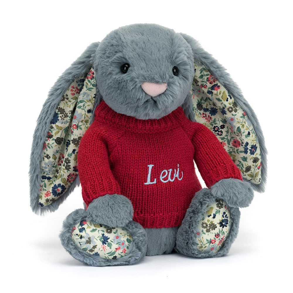 Blossom Dusky Blue Bunny with Personalized Red Jumper