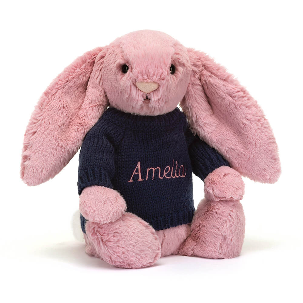 Bashful Tulip Pink Bunny with Personalized Navy Jumper - Official