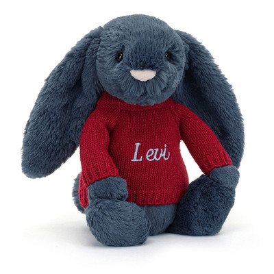 Bashful Navy Bunny with Personalised Red Jumper, View 4