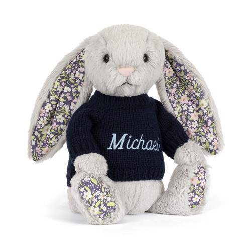 Blossom Silver Bunny 'Bloom' with Personalised Navy Jumper, Main View