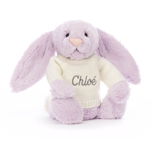  ぬいぐるみ Bashful Lilac Bunny Mサイズ Bashful Lilac Bunny with Personalized Cream Jumper - Official Jellycat