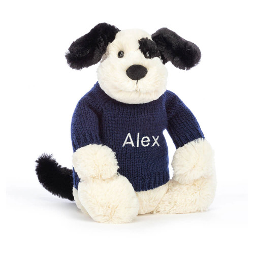 Bashful Rufferty Black & Cream Puppy with Personalized Navy Jumper