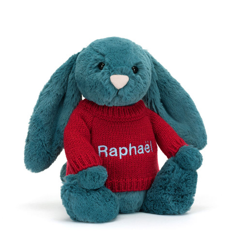Bashful Mineral Blue Bunny with Personalized Red Jumper - Official