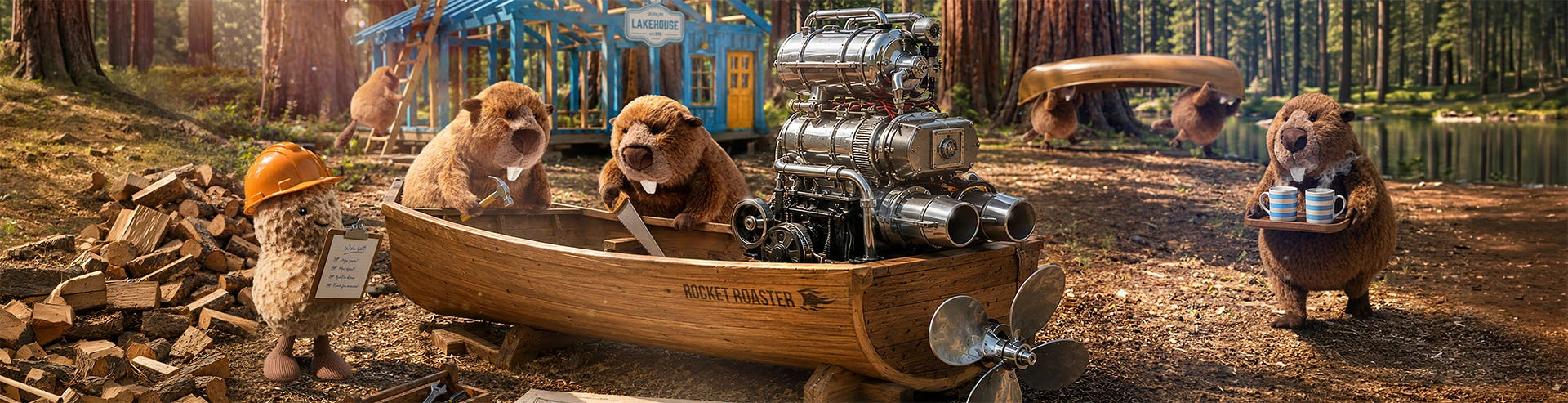 Groundhogs and peanut building a boat