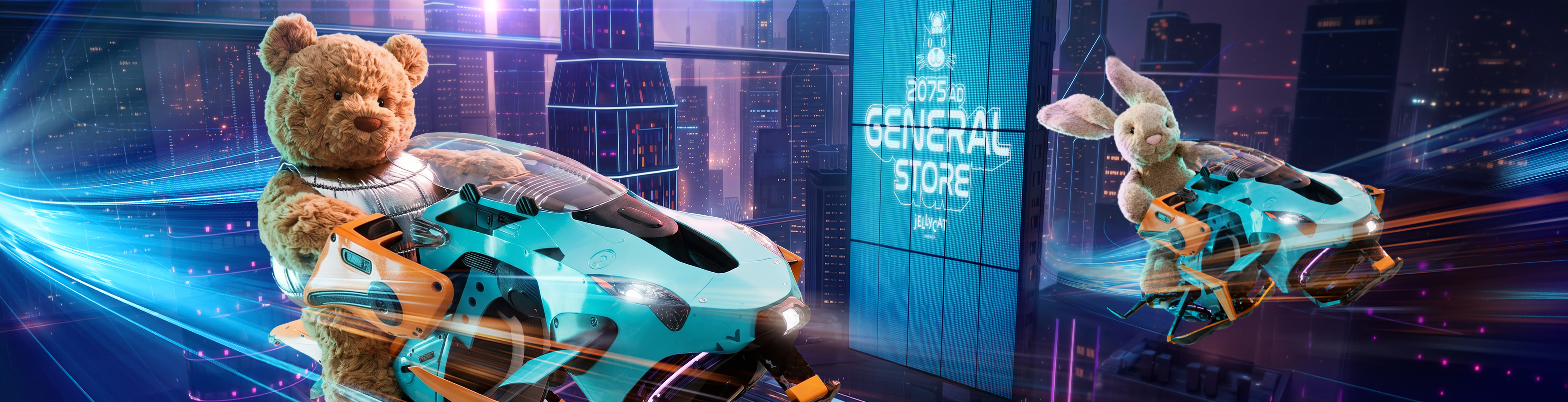 Bartholomew Bear rides a futuristic vehicle beside Bashful Bunny in a neon city with General Store sign