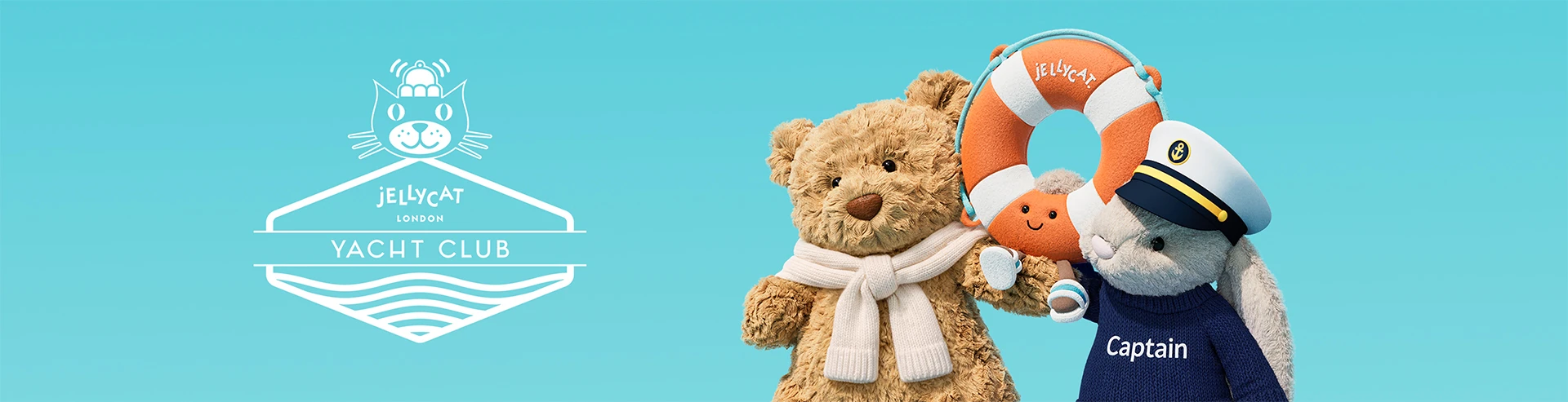 Bartholomew Bear stands beside Bashful Bunny and an Amuseables Life Ring on a turquoise background with Jellycat London Yacht Club