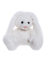 A white plush bunny teddy bear sits upright against a white background, featuring long floppy ears, black button eyes, and a small pink nose.