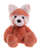 A red panda plush teddy bear sits upright against a white background, featuring orange-red fur, white-tipped ears, striped tail, and black button eyes.