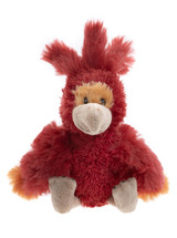 A red fluffy parrot stuffed animal sits upright against a white background, featuring an orange-accented face, grey beak, grey feet, and a wild, spiky red crest on its head.