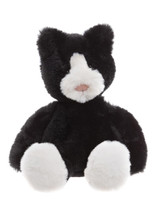 A black and white plush cat stuffed animal sits upright against a white background, featuring white paws, a white muzzle with a pink nose, and rounded cat ears.