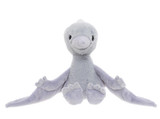 A grey plush pterodactyl dinosaur stuffed animal sits upright against a white background, featuring a pointed head crest, beak, small clawed feet, and flat wing-like appendages.