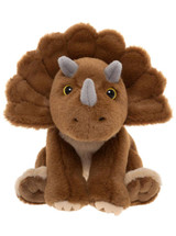 A brown plush triceratops dinosaur sits upright against a white background, featuring grey horns, yellow eyes, a scalloped frill, and cream-coloured paws.