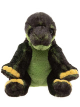 A dark green and black plush turtle teddy bear sits upright facing forward, with yellow-tipped claws and a lighter green belly and face markings, against a white background.