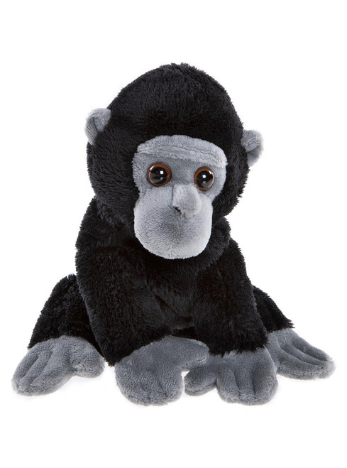 A black and grey plush gorilla teddy bear sits upright against a plain white background, with shiny brown eyes and grey face, hands, and feet.