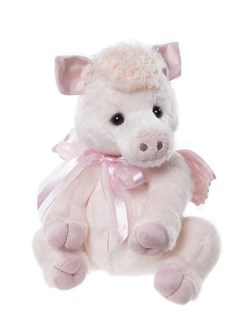 A white and pink plush pig teddy bear sits upright, featuring small wings, a pink satin ribbon bow at the neck, curly hair tuft, and satin-lined ears, against a white background.