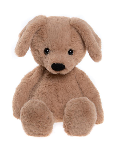 A light brown plush puppy dog toy sits upright against a white background, featuring floppy ears, black button eyes, and a black velvet nose.