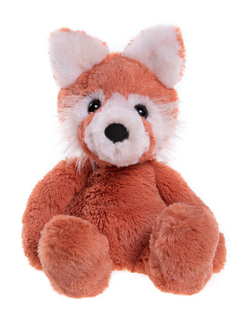 A red panda plush teddy bear sits upright against a white background, featuring orange-red fur, white-tipped ears, striped tail, and black button eyes.