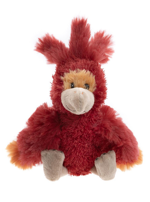 A red fluffy parrot stuffed animal sits upright against a white background, featuring an orange-accented face, grey beak, grey feet, and a wild, spiky red crest on its head.