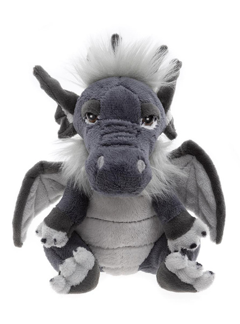 A grey plush dragon teddy bear sits upright against a white background, featuring bat-like wings, white fluffy mane, brown eyes, and textured clawed feet.