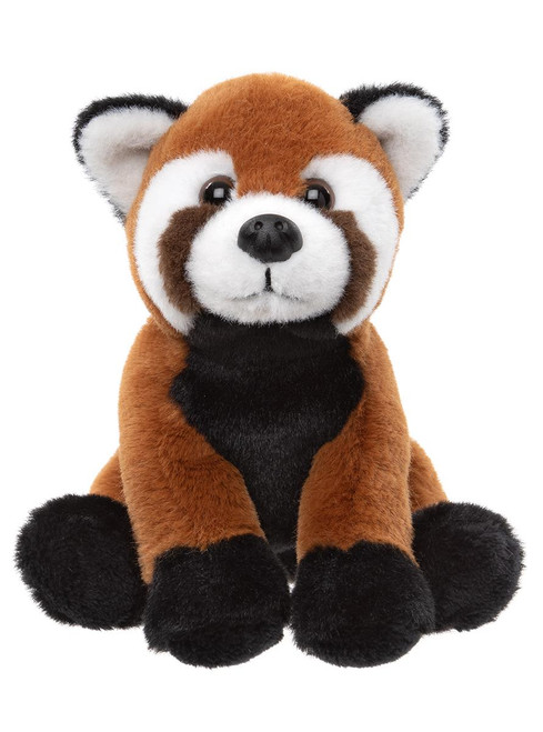 A red panda stuffed animal sits upright against a white background, featuring rust-brown and black fur, white-trimmed ears, and glossy brown eyes.