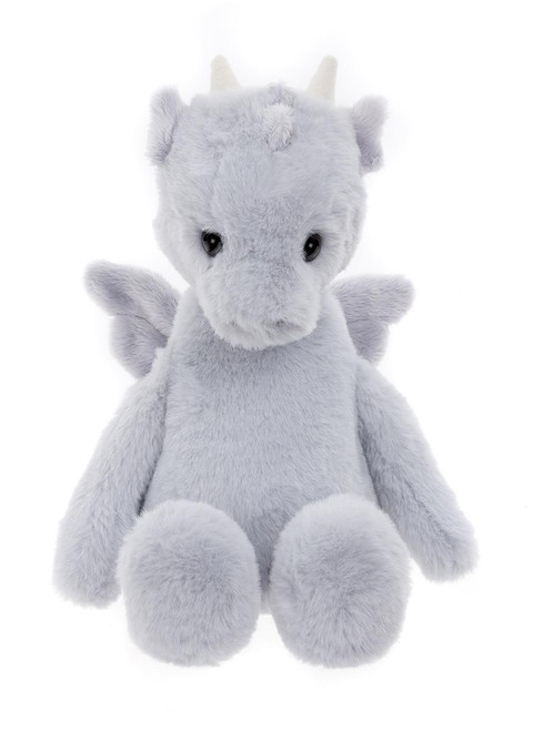 A soft grey plush dragon teddy bear sits upright against a white background, featuring small wings, a pointed tail, tiny horns, and shiny black eyes.