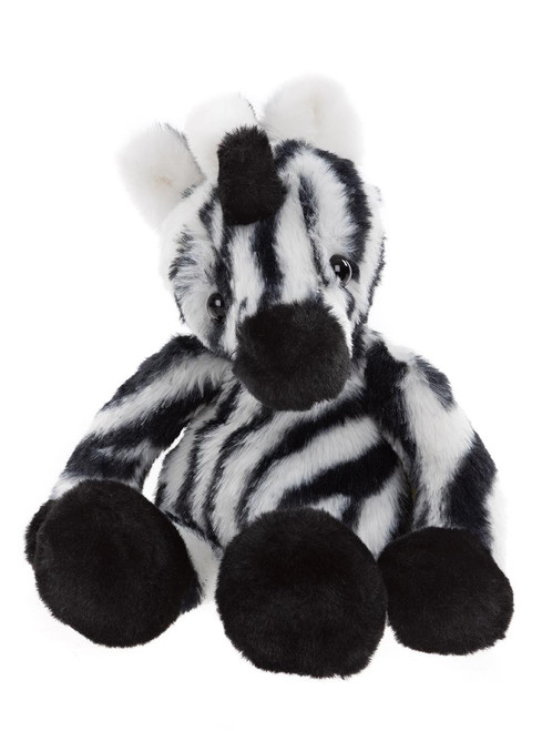 A zebra-striped stuffed animal sits upright against a white background, featuring black and white plush fur, rounded black hooves, shiny button eyes, and white ears.