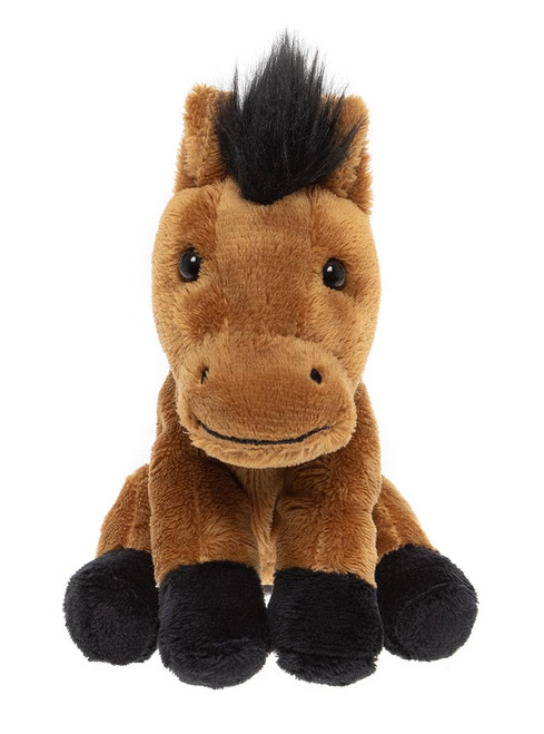 A brown plush horse teddy bear with a black mane, tail, and hooves sits upright against a white background.