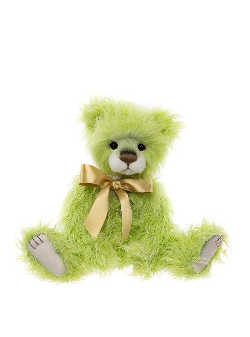 A lime green fluffy teddy bear sits upright against a white background, wearing a gold satin bow tied around its neck. It has white muzzle patches and cream felt paw pads.