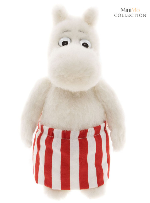 A white plush Moomin-style stuffed toy stands upright wearing a black top hat, with large round eyes and a small tail, set against a white background.