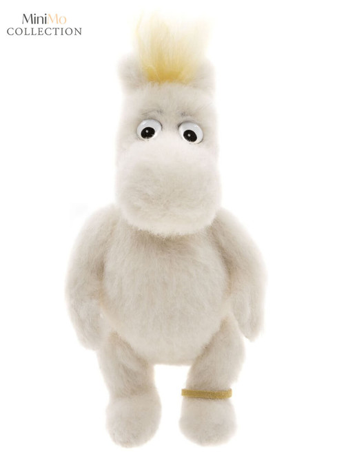 A white fluffy plush toy with a hippopotamus-like face, googly eyes, blonde mohawk hair, and a gold ankle bracelet, standing upright against a white background.