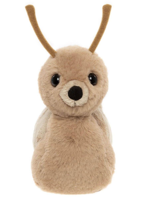 A small beige plush toy snail with large black button eyes, a dark oval nose, and two brown antennae, sitting upright against a white background.