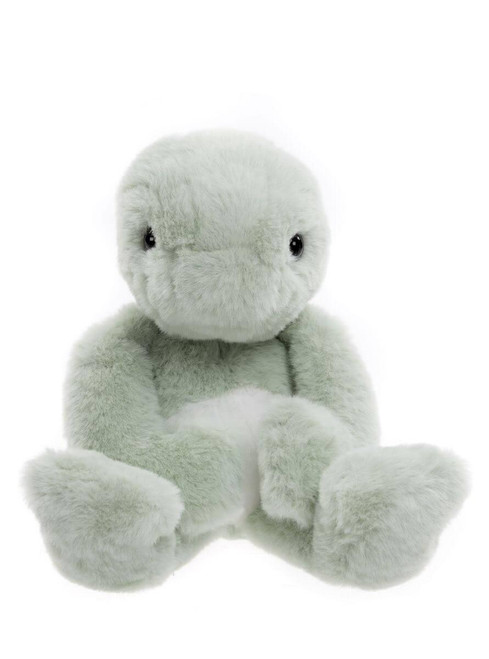 A mint green plush turtle stuffed animal sits upright against a white background, featuring small black eyes, a flat beak-like snout, and a white belly.