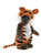 A grey/brown teddy bear sits upright wearing an orange and black striped tiger costume with a matching hooded hat featuring round ears and a striped tail, against a white background.