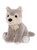 A grey and cream wolf cub plush toy sits upright against a white background, featuring brown glassy eyes, a black nose, and white paw accents.