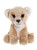 A plush lion cub stuffed toy sits upright against a white background, featuring tan fur, shiny brown eyes, a dark nose, and a lighter cream-coloured chest and muzzle.