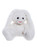 A white plush bunny teddy bear sits upright against a white background, featuring long floppy ears, black button eyes, and a small pink nose.