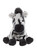 A zebra stuffed animal sits upright against a white background, featuring black and white striped plush fur, a dark mane, black hooves, and shiny button eyes.