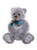 A grey plush Charlie Bears teddy bear sits upright against a white background, wearing a teal and cream satin bow tie, with suede-effect paws and glossy black eyes.