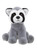 A grey raccoon teddy bear sits upright against a white background, featuring black eye patches, white facial fur, and brown plastic eyes.