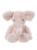 A soft pink plush elephant teddy bear sits upright against a white background, featuring large rounded ears, small dark eyes, and a short trunk with a lighter tip.