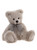 A soft grey plush teddy bear sits upright against a white background, wearing a sheer grey ribbon bow tied around its neck.