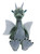 A green and grey dragon plush toy sits upright against a white background, featuring wings, horns, clawed feet, and a lighter grey belly.