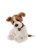 A brown and white fluffy dog-shaped Charlie Bear plush toy sits against a plain white background, wearing a small purple bell on its collar.
