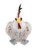 A plush rooster teddy bear sits upright against a white background, featuring grey-brown fluffy body, white chest, yellow beak, red wattle, and dark feathered comb.