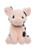 A pink plush pig stuffed animal with black spots sits upright against a white background, featuring large floppy ears and shiny brown eyes.