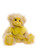 A yellow plush teddy bear sits upright against a white background, wearing a bright yellow organza ribbon bow tied around its neck.