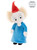 A plush elephant toy stands upright wearing a blue dress and red pointed hat, with wild blonde hair and googly eyes, set against a white background.