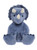 A blue plush triceratops teddy bear sits upright against a white background, featuring cream-colored horns, a frilled neck, and soft textured feet.